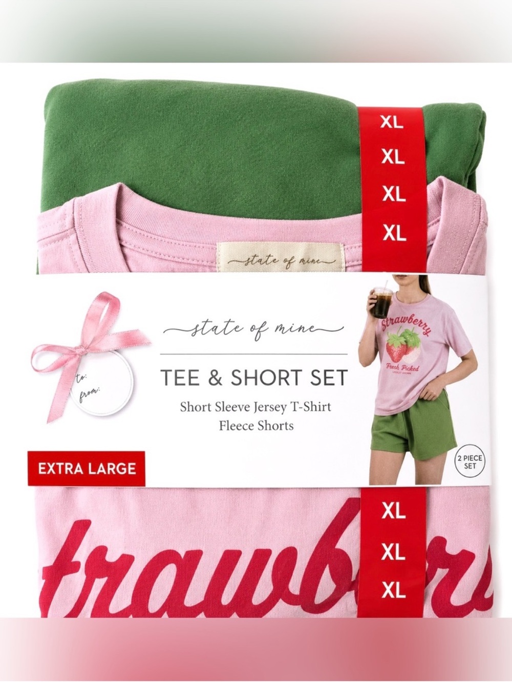 New Matching Set: Pink 'Strawberry' Graphic Tee with Green Jersey Shorts
